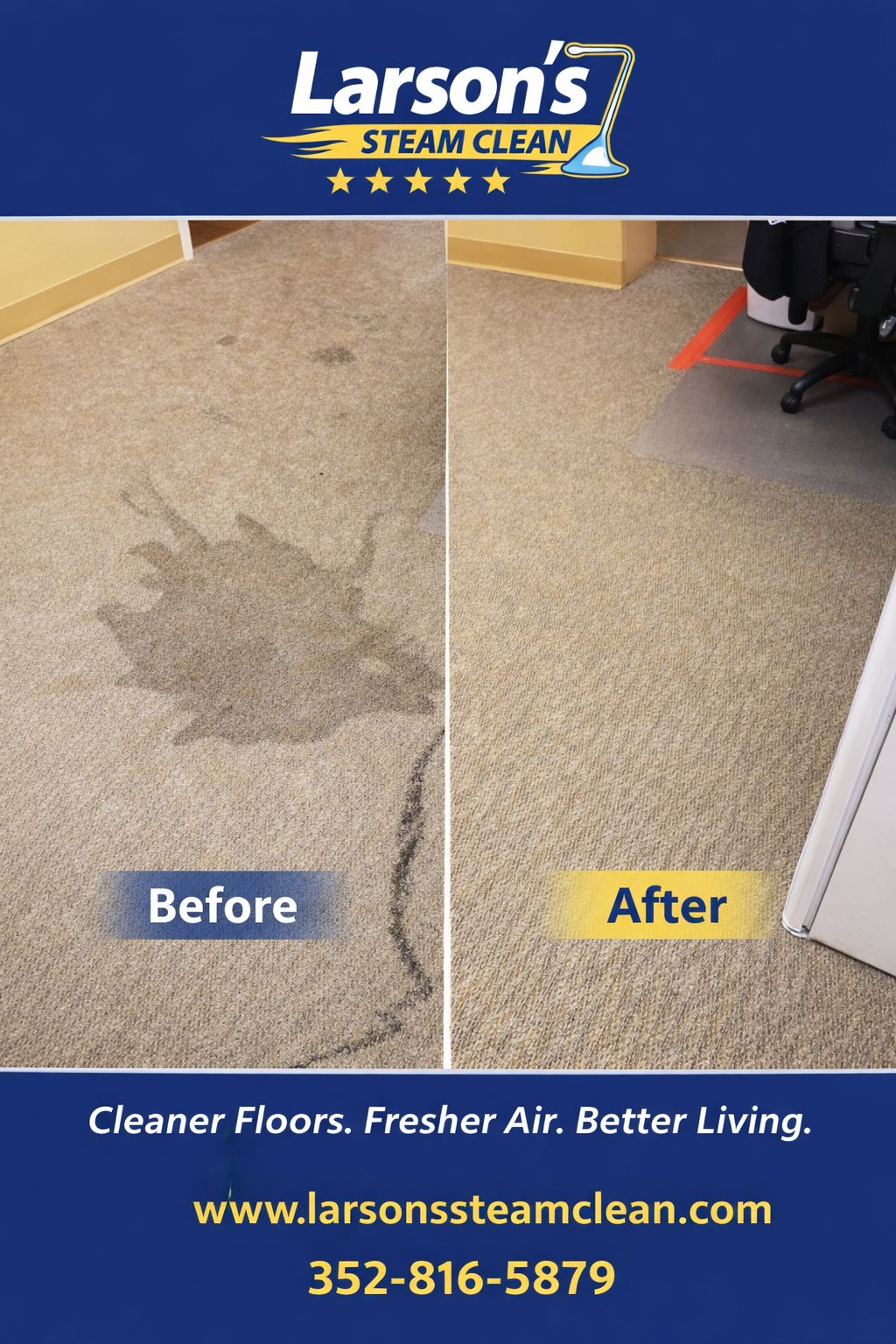 Before and after carpet cleaning by Larson's Steam Clean in Belleview, FL
