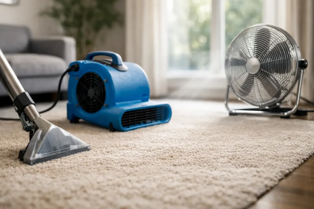 Blue carpet-cleaning machine sits on a beige rug with a metal floor fan nearby in a living room setting.