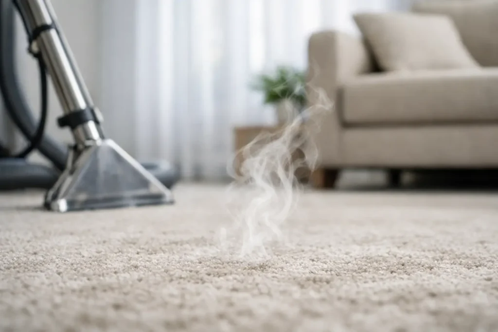 Vacuum cleaner on a beige carpet with steam rising, a living room with a sofa in the background.