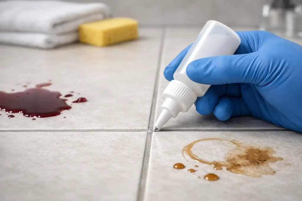 Gloved hand applying liquid from a squeeze bottle to floor tiles with red and brown stains in a cleaning scene.